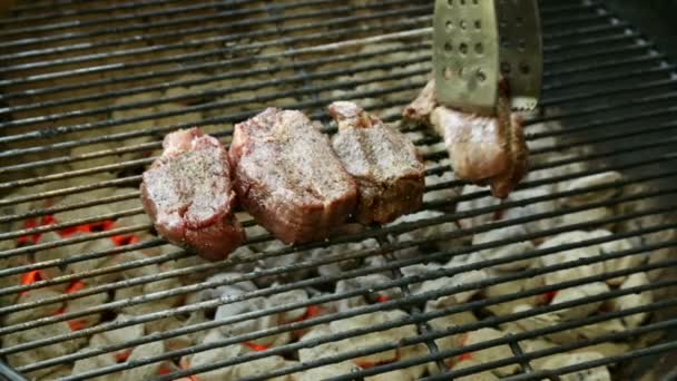 Rotierende Filets auf dem Grill — Stockvideo