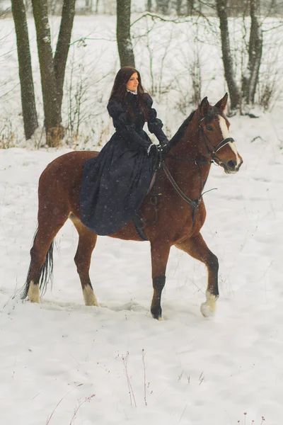 Красивая женщина и лошадь зимой — стоковое фото