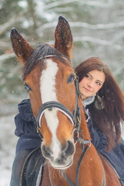 Güzel kadın ve at kış — Stok fotoğraf