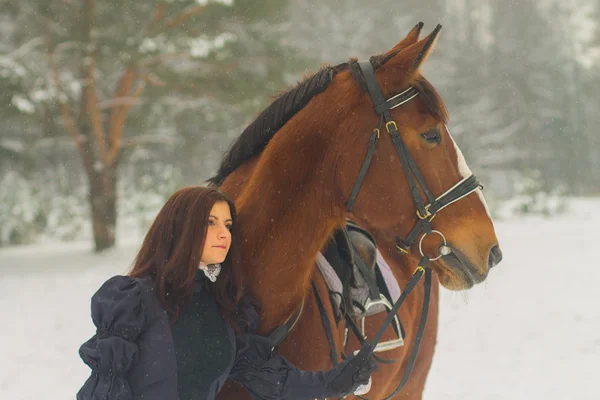 Mulher bonita e cavalo no inverno — Fotografia de Stock