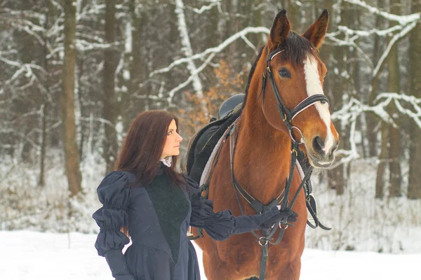 Mulher bonita e cavalo no inverno — Fotografia de Stock