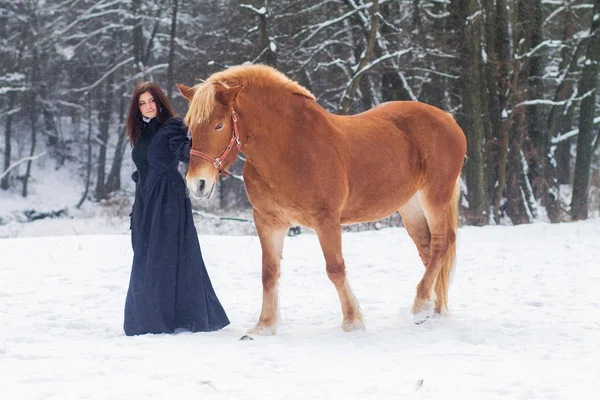 Beautiful woman and horse in winter — Stock Photo, Image