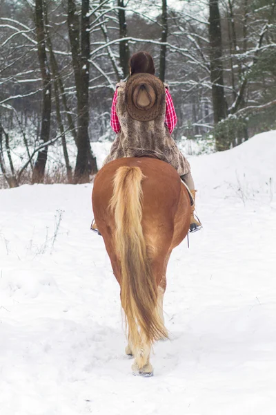 Frau reitet mit Pferd durch den Schnee — Stockfoto