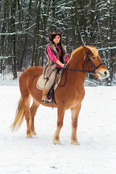 Женщина верхом на лошади по снегу — стоковое фото