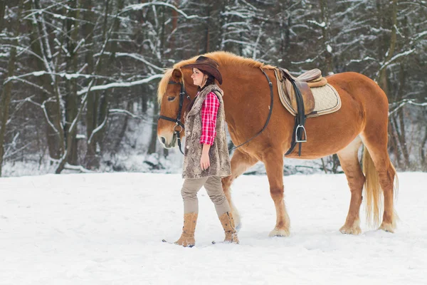 Женщина со снежным конем — стоковое фото