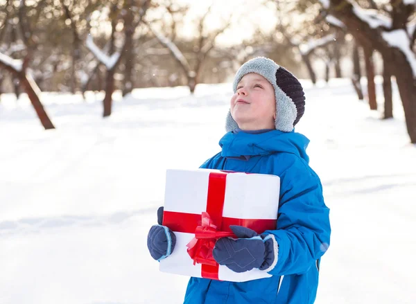 Pojke med julklapp — Stockfoto