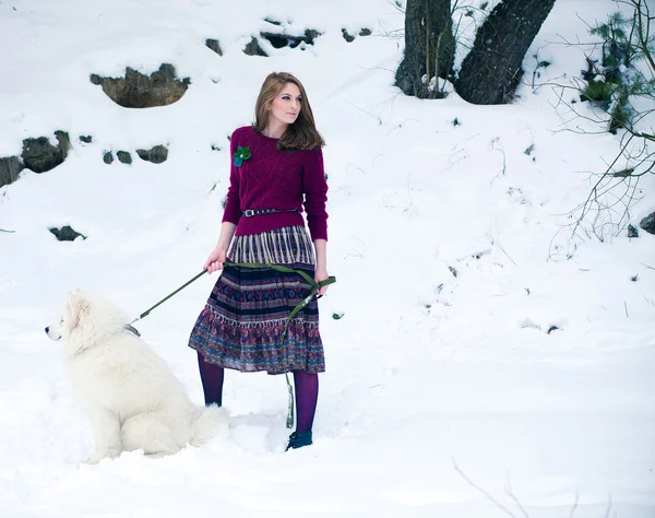 Flicka med samoed hund — Stockfoto