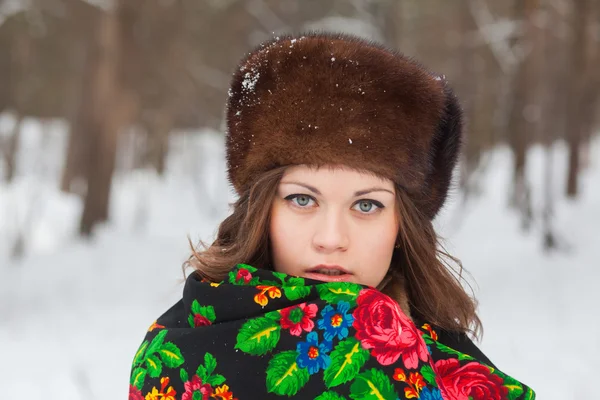 Beautiful girl in a fur hat — Stock Photo, Image