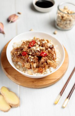 Çin mutfağı, Sichuan bölgesinden bir yemek. Popüler bir yemek Kung Pao, fıstık ve acı biberli soslu tavuk filetosu. Işık arkaplan üzerinde dikey yakın plan