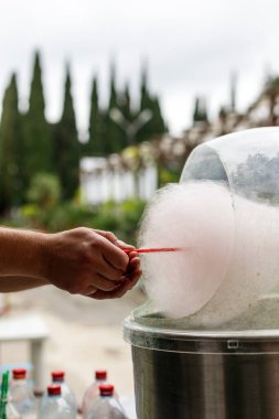 A man in the park is cooking cotton candy in the machine. Hands close-up, vertical frame