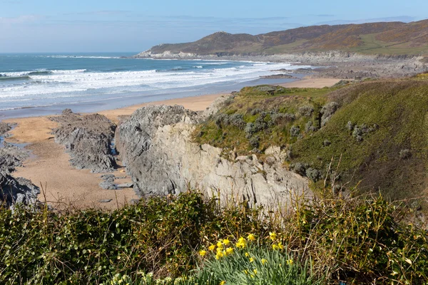 Woolacombe baai strand en kust devon Engeland kijk naar morte punt — Stockfoto
