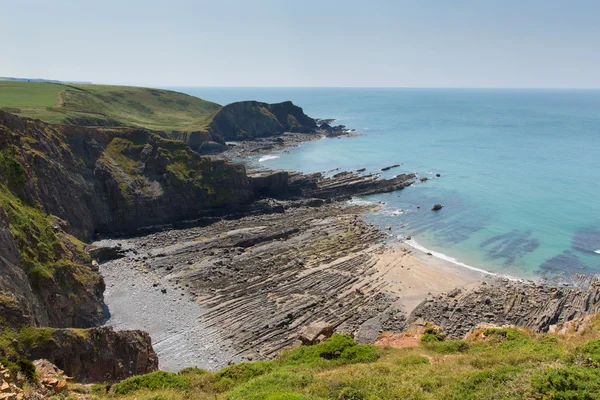 Rock strata on rocky beach cove with blue sea — Stock Photo, Image