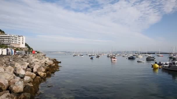Brixham Harbour Devon mit Booten an einem ruhigen Sommertag mit blauem Himmel vertäut. — Stockvideo