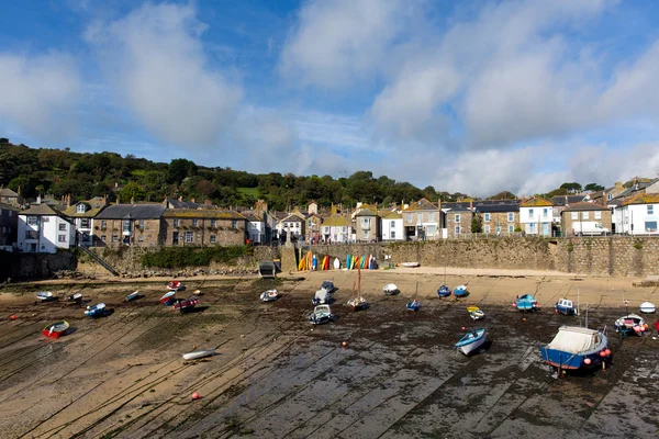 Mousehole harbour Cornwall England UK Cornish fishing village with blue sky and clouds — Stock Photo, Image