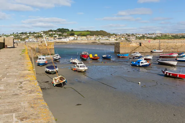 Boats in St Michaels Mount Harbour Cornwall England at low tide in summer 2013 — Stock Photo, Image