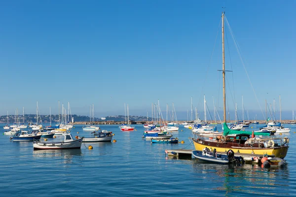Brixham marina Devon Inglaterra con barcos en un día tranquilo con cielo azul — Foto de Stock
