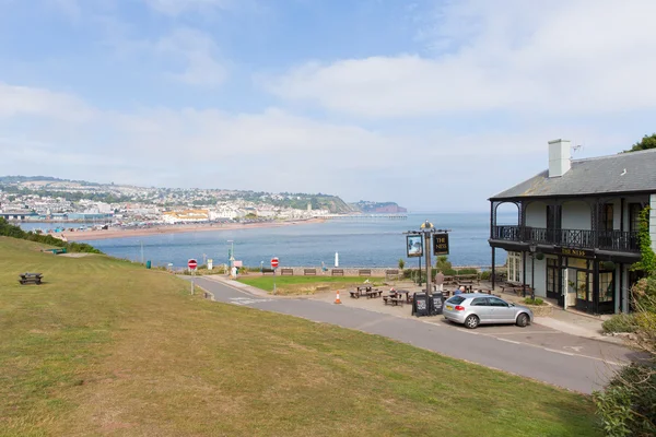 Vista desde Shaldon a Teignmouth ciudad turística Devon Inglaterra Reino Unido con rocas y mar claro —  Fotos de Stock