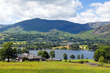 Coniston Water Lake District England uk with mountains and blue sky and white clouds on a beautiful summer day