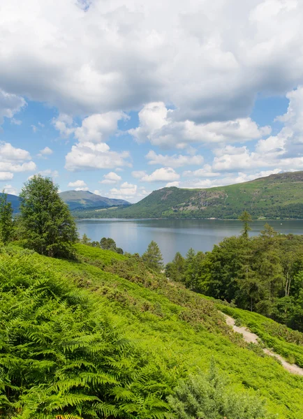 View across Derwent Water to Castlerigg Fell and Bleaberry Fell Lake District England UK — Stock Photo, Image