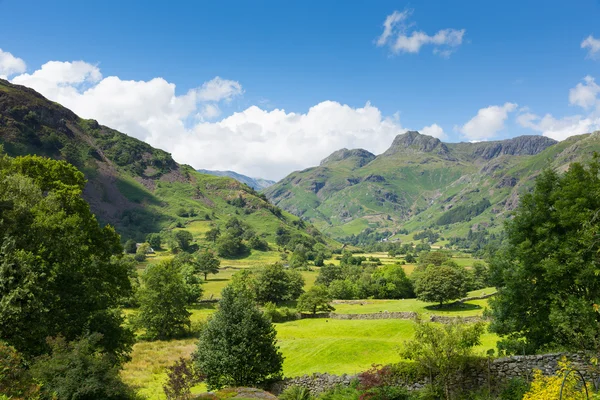 Langdale údolí jezerní cumbria Anglie uk s modrou oblohu na krásné letní den — Stock fotografie