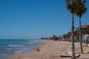 Villajoyosa Sahili İspanya Kum Denizi ve Palmiye ağaçları Costa Blanca Alicante