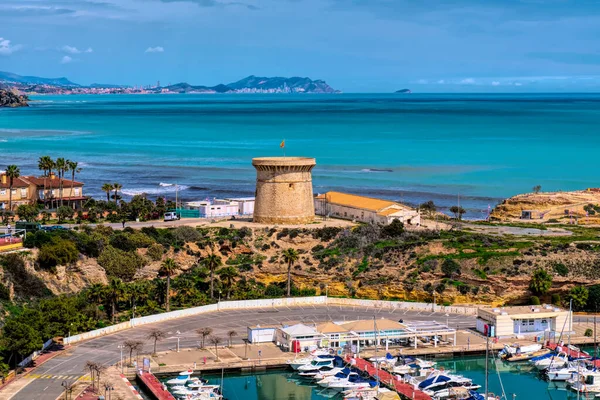 Campello Věž Památkové Turistické Atrakce Marina Čluny Benidorm Pozadí Alicante — Stock fotografie