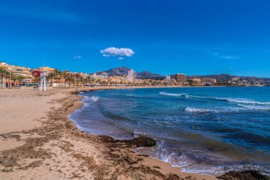 Benidorm ve Alicante yakınlarında deniz yosunlu Costa Blanca ile El Campello plajı.