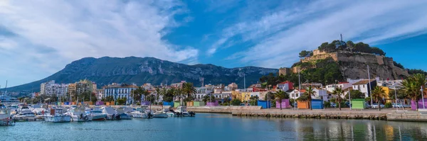 Panoramic view Denia Spain castle Alicante with colourful houses and mountain and beautiful blue sky