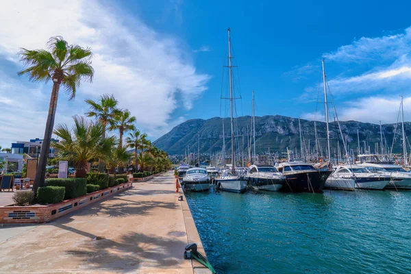 Denia marina Spain with boats yachts and mountain view with palm trees