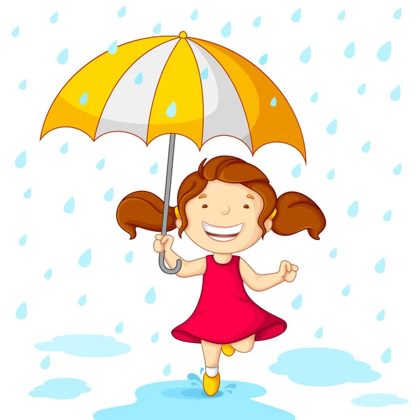 Chica jugando en la lluvia — Vector de stock