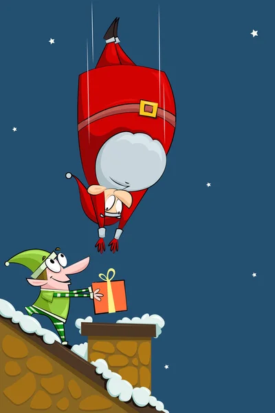 Babbo Natale che cade in camino con elfo — Vettoriale Stock