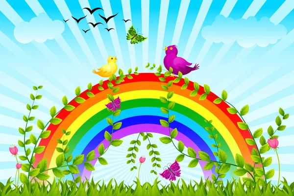Птицы сидят на разноцветной радуге — стоковый вектор