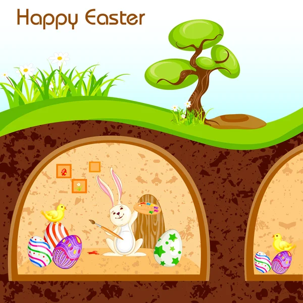 Bunny painting Happy Easter in Burrow — Stock Vector