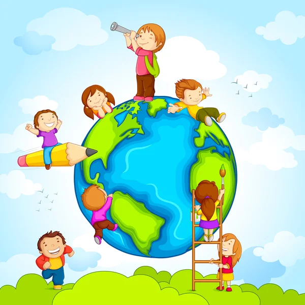 Niños alrededor de Globe — Vector de stock