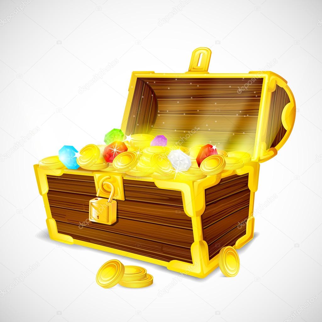 Treasure chest full of Gold Coins and Gem