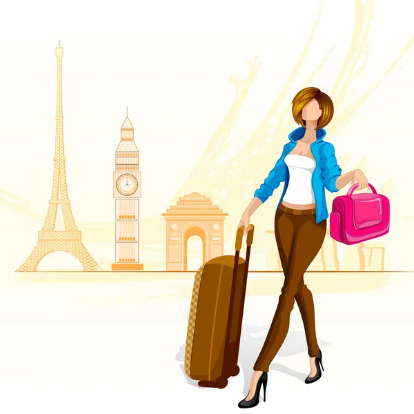 Woman Travelling around World — Stock Vector