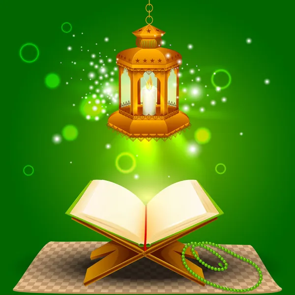 Corán con lámpara sobre fondo Eid Mubarak — Vector de stock