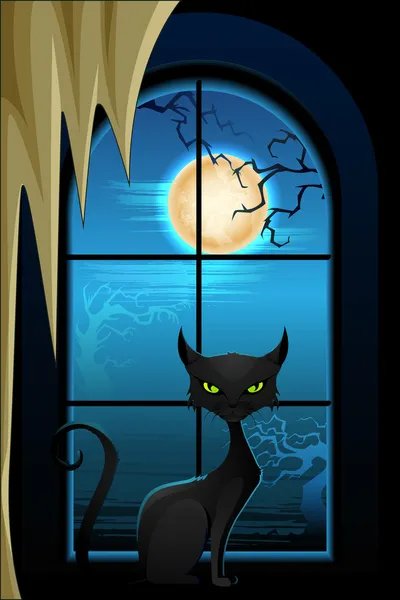 Gato negro en Noche de Halloween — Vector de stock