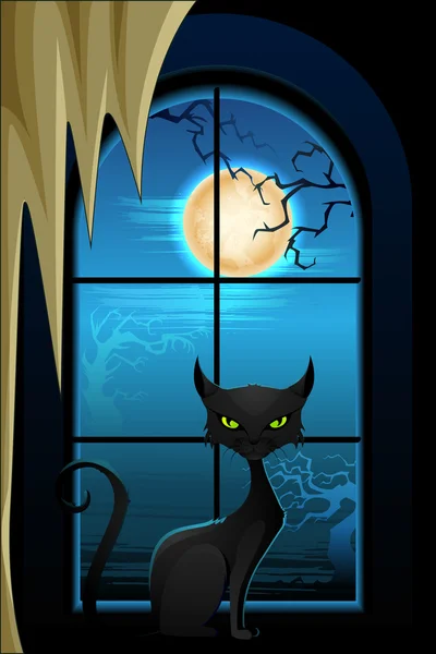 ハロウィーンの夜に黒い猫 — ストックベクタ