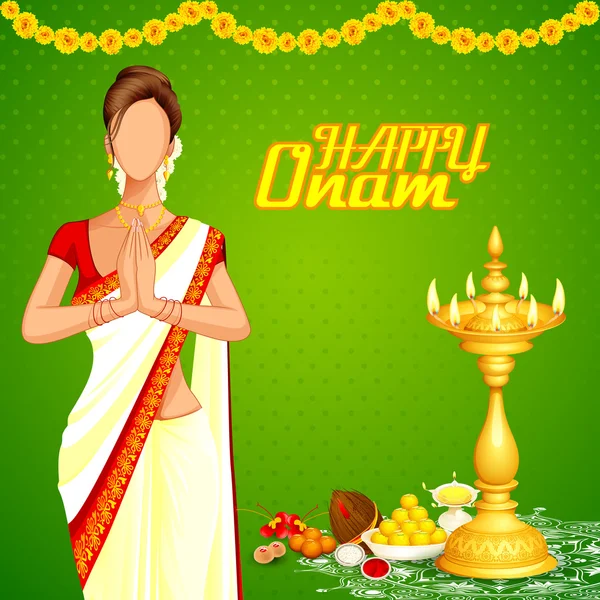 Senhora desejando Happy Onam — Vetor de Stock