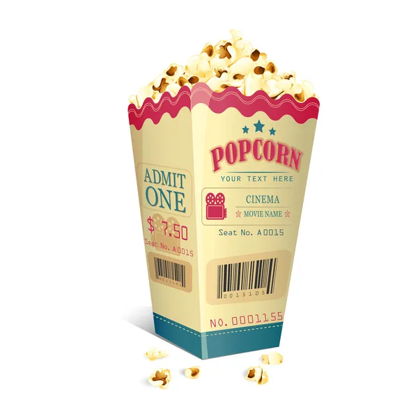 Film ticket afgedrukt op popcorn doos — Stockvector