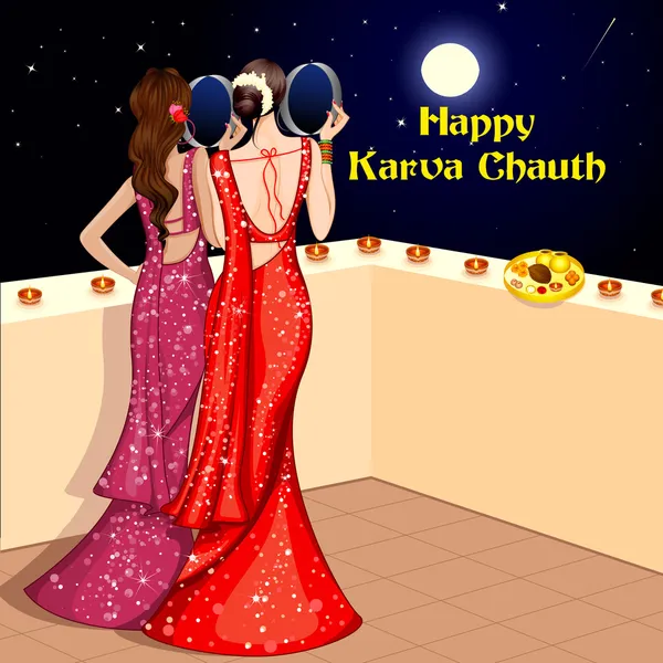 Senhora indiana celebrando Karwa Chauth —  Vetores de Stock