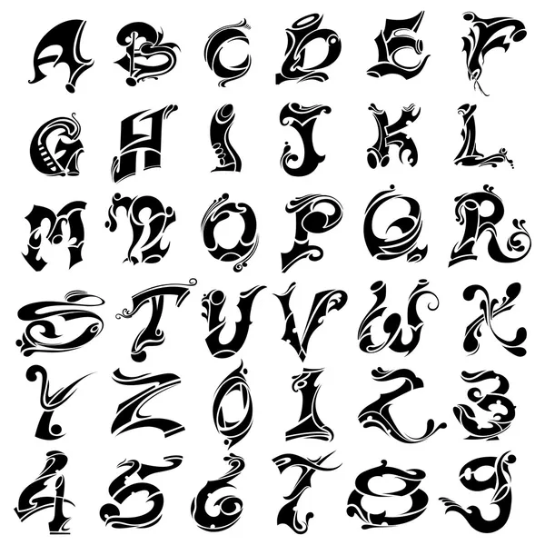Alfabeto y número del tatuaje — Archivo Imágenes Vectoriales