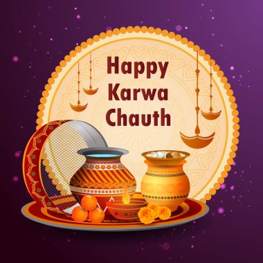 Hindistan Karwa Chauth bayram festivali için Hint Puja Thali