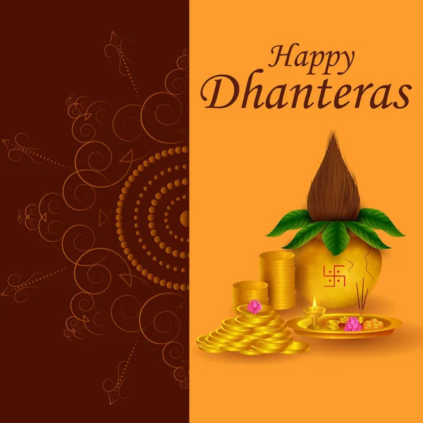 Gold Kalash για Happy Dhanteras Diwali γιορτή γιορτή των διακοπών της Ινδίας χαιρετισμό φόντο — Διανυσματικό Αρχείο