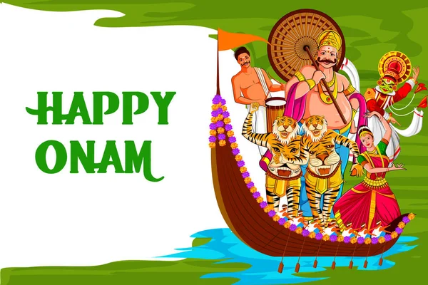 Onam 节日的矢量例证喀拉拉邦与 Kathakali 舞蹈家和国王 Mahabali 的背景 — 图库矢量图片