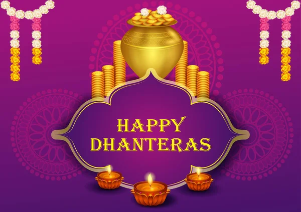 为欢庆Dhanteras Diwali节庆祝印度节日背景而装饰Diya的金卡拉什矢量插图 — 图库矢量图片