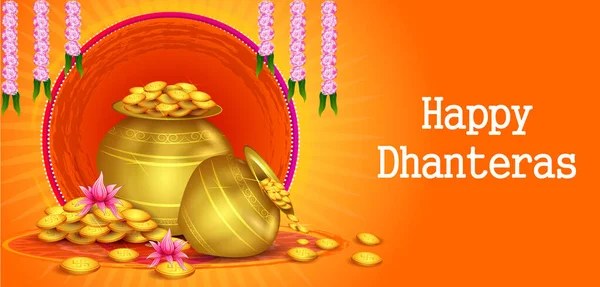 Vektor Illusztráció Arany Kalash Díszített Diya Boldog Dhanteras Diwali Fesztivál — Stock Vector