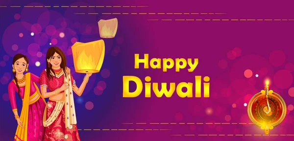 Vector Illustratie Van Indiase Familie Mensen Vieren Happy Diwali Festival — Stockvector