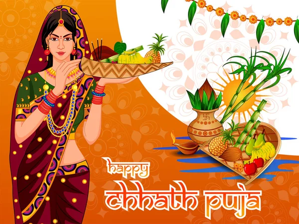 Vector Illustratie Van Happy Chhath Puja Vakantie Achtergrond Vieren Traditionele — Stockvector